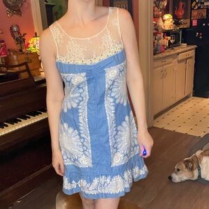 Free people linen lace top Blue and white dress with a cottagecore fairy vibe